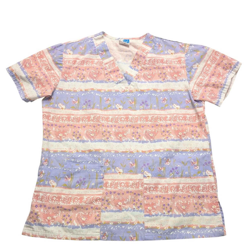 Blue Angel Scrub Top Womens XXS Pink Purple Heart Floral Print V-Neck Medical